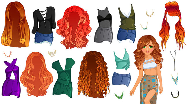 Fiery Redhead Hairstyle Paper Doll. Vector Illustration