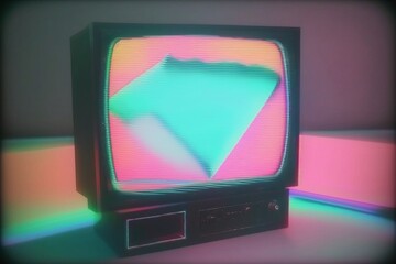 TV set lo-fi retro 80s and 90s background. Television VHS analog Psychic Waves, nostalgia, vintage. Vaporwave, synthwave, chillwave. Wallpaper, template. Blurry pastel colors. Generative AI.