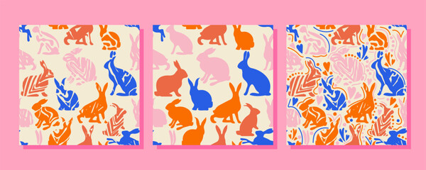 Happy Easter seamless pattern with bunnies.
3 types of design simple, textured and doodle style. 
Enjoy the variety of styles and start using in your projects!