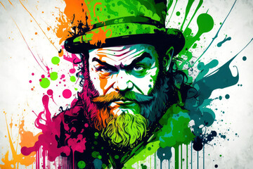 Colorful graffiti style leprechaun illustration with color splashes for St. Patrick's Day created with generative AI technology