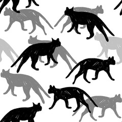 Hand drawn black cats seamless pattern.