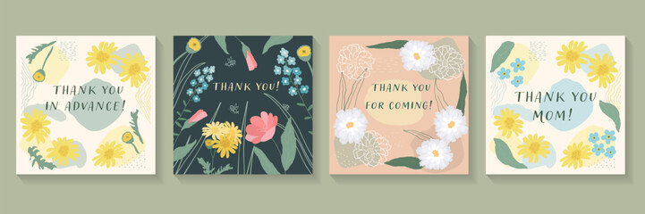 Set of four cute and colorful vector illustrations with lettering Thanks.