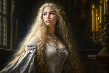 The Queen of the Castle Regal Portrait of a Woman with Long Blond Hair and a Flowing Gown in a Historic Palace, generative ai