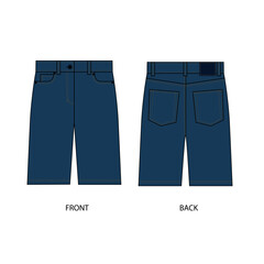 Five pocket denim shorts technical vector drawing, front and back view. Outline vector template of denim shorts in casual style. Sketch of knee-length loose shorts in blue.