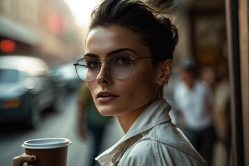 Stylish woman with a messy bun wearing oversized sunglasses and a white linen blouse, holding a cup of coffee on a busy street, generative ai