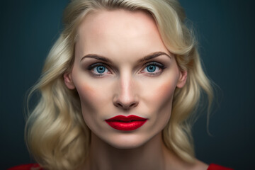 Fototapeta premium Stunning 40-year-old blonde woman with a bold red lipstick and striking blue eyes, exuding confidence against a plain studio background, generative ai