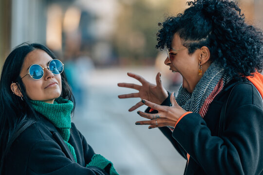 friends or girls in the street arguing angry