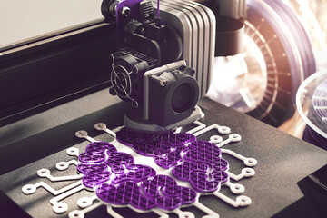 purple white brain sculpture is made by a 3d printer in bright light. detail view. filament rolls in background. selective focus on print head. Women promotion in stem field and engineering concept