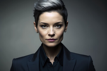 Fototapeta na wymiar Serious-looking businesswoman with a chic short haircut and black blazer, looking straight at the camera with a stern expression, generative ai