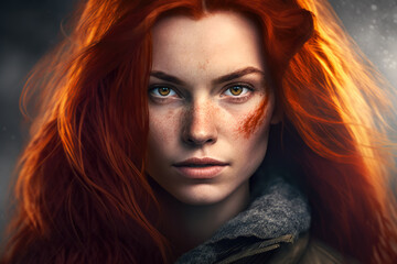 Serious Looking Woman with Fiery Red Hair and Edgy Fashion Style, generative ai
