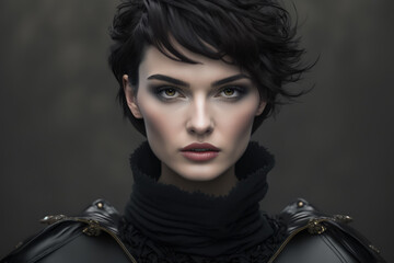 Serious Looking Fashion Model with Short Black Hair and High Fashion Outfit, generative ai - obrazy, fototapety, plakaty