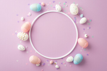 Easter concept. Top view photo of empty circle colorful pink blue white easter eggs and confetti on isolated pastel violet background with copyspace in the middle