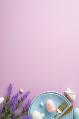 Easter concept. Top view vertical photo of blue dish knife fork colorful easter eggs ceramic bunny and lavender flowers on isolated lilac background with copyspace
