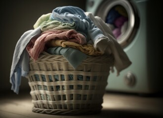 Basket with clean laundry on floor front of washing machine at bathroom. Generative AI.