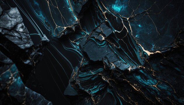 Refined Black Marble with Delicate Blue and Gold Veins, AI Generative