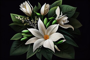 Nature's Embellishment: A White Lilies Pattern with Green Leaves Against a Black Background. Generative AI