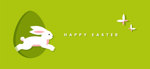 Easter banner or greeting card with rabbit jumping from the egg shape.