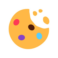 Fototapeta premium Crunchy cookie with colorful candy and chips isolated on white background. Gourmet crispy meal sign or logo flat design. Baked wholemeal wheat dessert with crumb. Healthy breakfast vector illustration