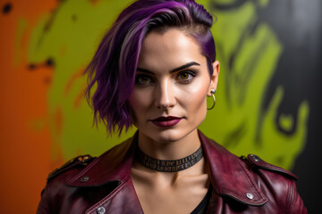 Portrait of a woman with a fierce and edgy style, her short hair dyed in bold and vibrant colors and her tattoos peeking out from her leather jacket, generative ai