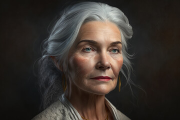 Portrait of a wise and gentle woman with soft features, silver hair, and a simple blouse, radiating a sense of inner peace, generative ai