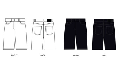 Vector set of shorts with pockets, front and back view. Outline vector template of denim shorts in white and black colors. Knee-length loose shorts sketch.