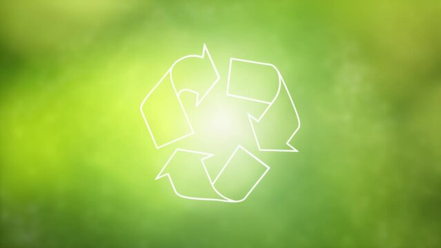 Looping recycle sign symbol rotation on sunny green blurred animation background. 