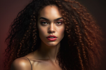 Portrait of a fiery and confident woman with voluminous curly hair and a bold red lip, generative ai
