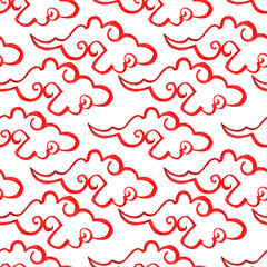 Seamless pattern,Red stylized clouds in Chinese style, Oriental motifs highlighted on a white background