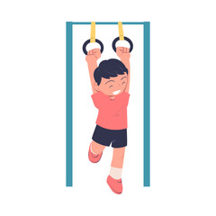 Little Smiling Boy Hanging on Rings Being at Kindergarden Playground Vector Illustration