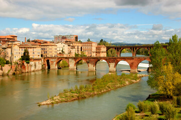 View of  town of Albi and Tarn river with its bridges from Bishop palace. France