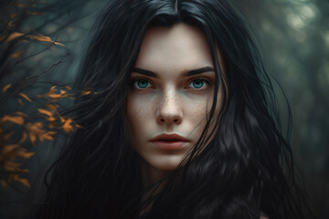 portrait of a alluring woman with long black hair and piercing eyes in a dark forest, generative ai