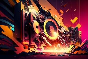 Musical background with speakers. Nightlife scene abstract visual sound illustration. Generative AI