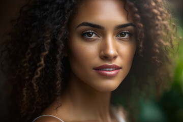 Macro shot of a gorgeous woman with natural curly hair cascading down her shoulders and framing her stunning face with soft, subtle makeup and a sweet smile, generative ai