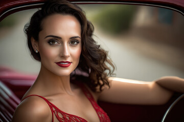 Fototapeta na wymiar Glamorous woman posing in a vintage car wearing a red dress and pearl necklace, generative ai