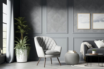 A modern living room with grey Pantone decor and sleek furniture