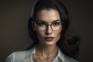 Fototapeta na wymiar Elegant businesswoman wearing a white blouse and glasses, looking directly at the camera with a calm and composed expression, generative ai