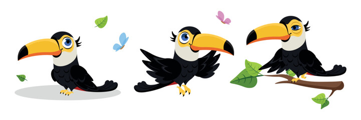 Vector illustration of cute toucans on white background. Charming characters in different poses: a toucan is standing, flying, sitting on a tree branch with butterflies in a cartoon style.