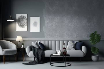 A striking image of a dining area with grey Pantone decoration and statement furniture