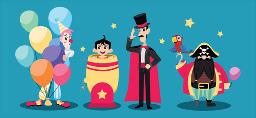 Vector illustration of a cute clown, magician, pirate on a blue background. Magical funny clowns with a bunch of balloons, magician shows trick with boy, pirate with parrot in cartoon style.