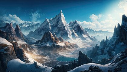  panoramic view of a snow-covered mountain range with rugged peaks, an expansive blue sky, mountain, snow, mountains, landscape, winter, sky, alps, peak, nature, ice, rock, glacier, view, travel, 