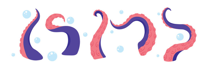 Vector illustration of a cute and beautiful octopus tentacle isolated on white background. Charming characters of curved octopus tentacles and bubbles in cartoon style. © MVshop