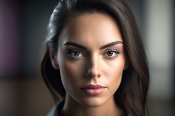 Fototapeta premium Closeup portrait of a confident young woman with a serious expression in a modern office setting, generative ai