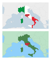 Italy map with pin of country capital. Two types of Italy map with neighboring countries.