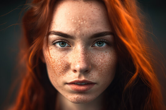 Close-up portrait of a woman with striking freckles, her red hair styled in messy waves, and a playful smirk on her lips, generative ai