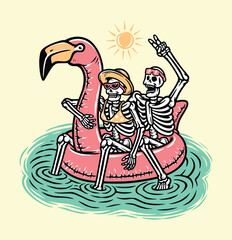 Skull couple on the flamingo float in the sea © gunaonedesign