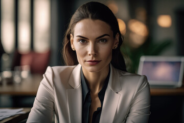 Naklejka premium Close-up of a confident businesswoman with a subtle smile wearing professional attire and sitting at a desk with a laptop and papers, generative ai