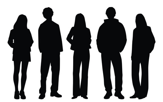 Vector silhouettes of men and women in jackets, demi-season clothing, a group of standing business people, black, isolated on a white background