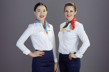 smiling stylish stewardess women isolated on gray background