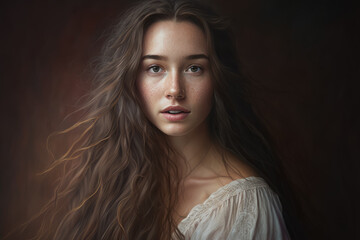Boho Beauty Free-Spirited Portrait of a Woman with Long Brown Hair and a Flowy Dress, generative ai