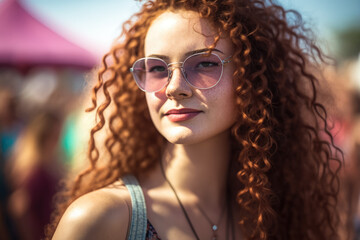 Fototapeta premium Bohemian woman with long curly hair enjoying a sunny day at a music festival, generative ai